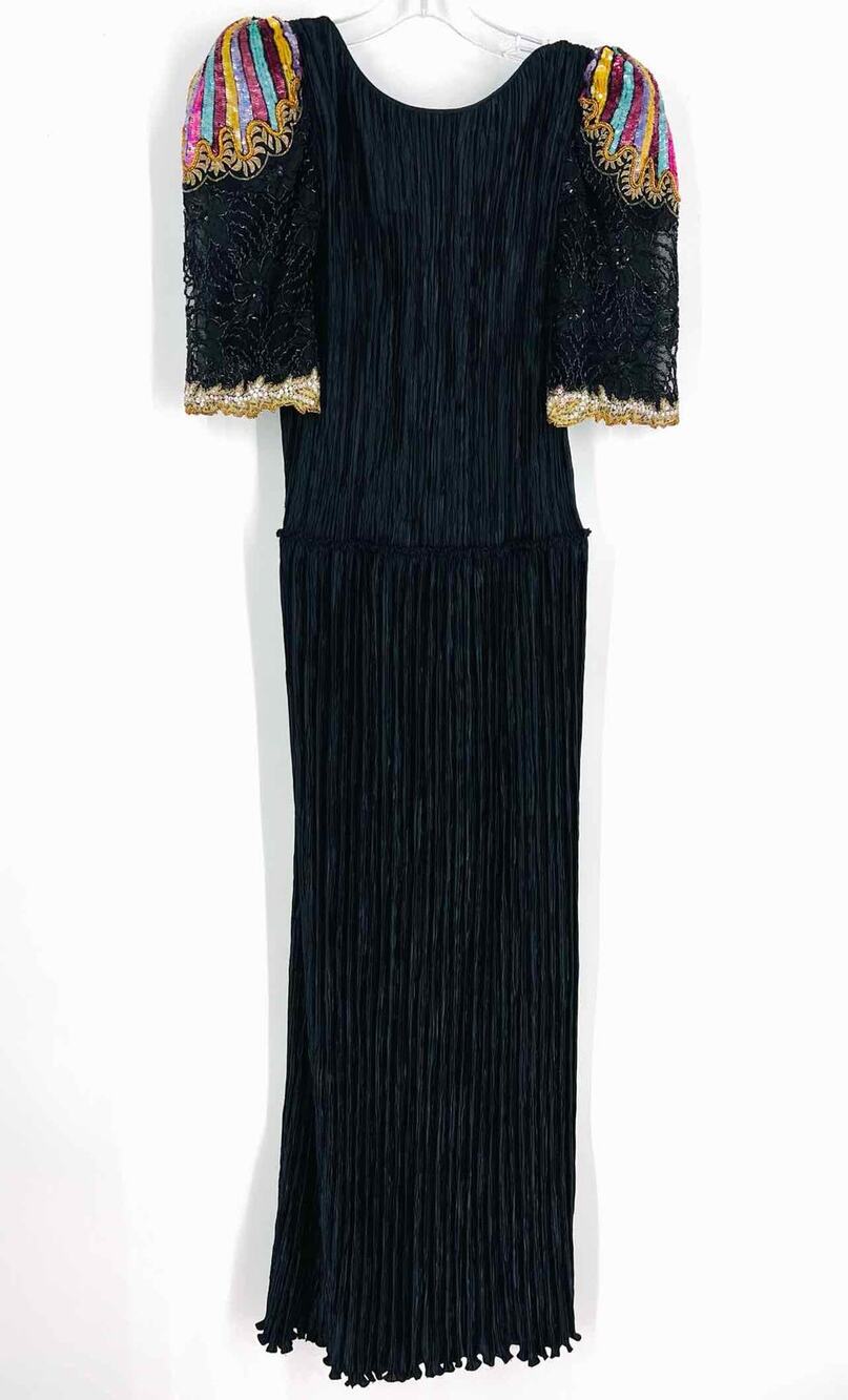 Mary McFadden Size S ? Black/Multi Beaded Plisse Vintage Formal